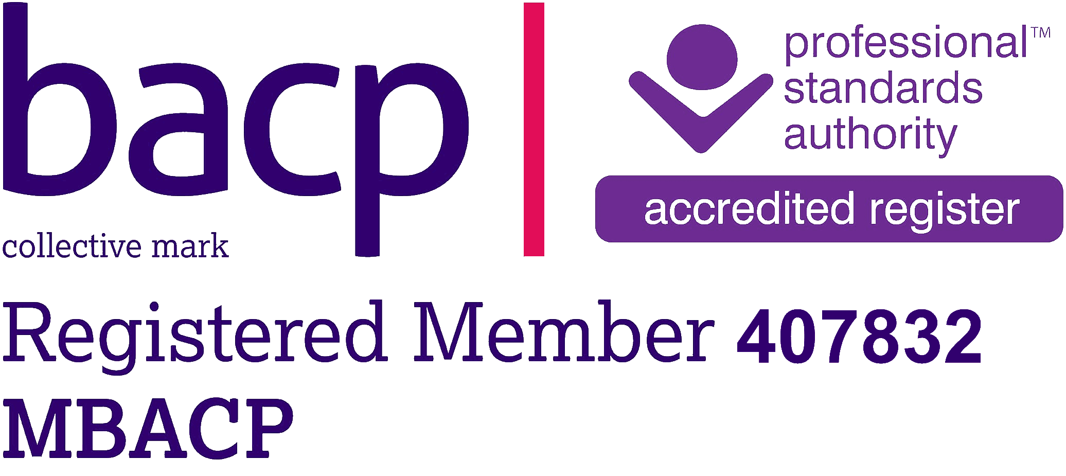 A British Association for Counselling and Psychotherapy (bacp) logo in purple for Registered members. Their membership number is also represented.