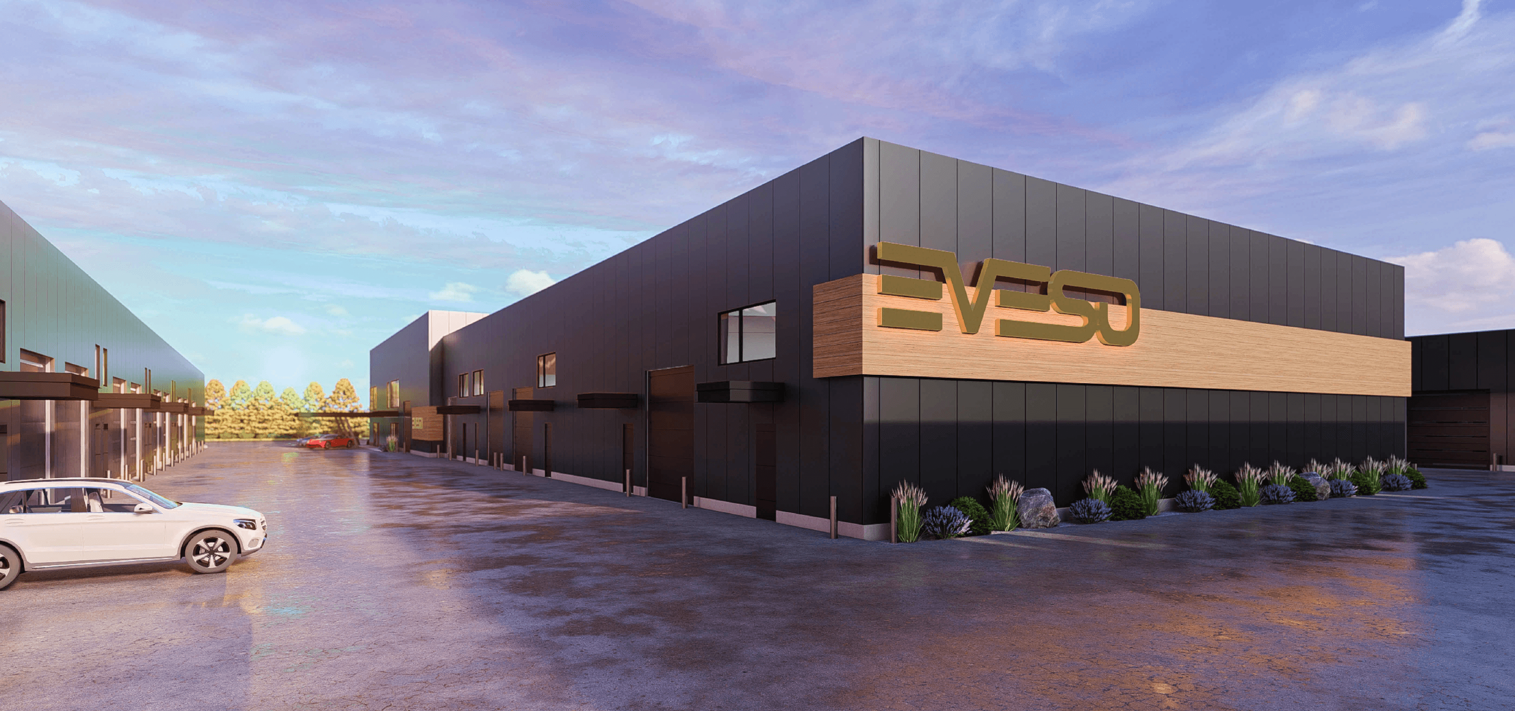 Eveso Headquarters, view of exterior of private garages & logo on building