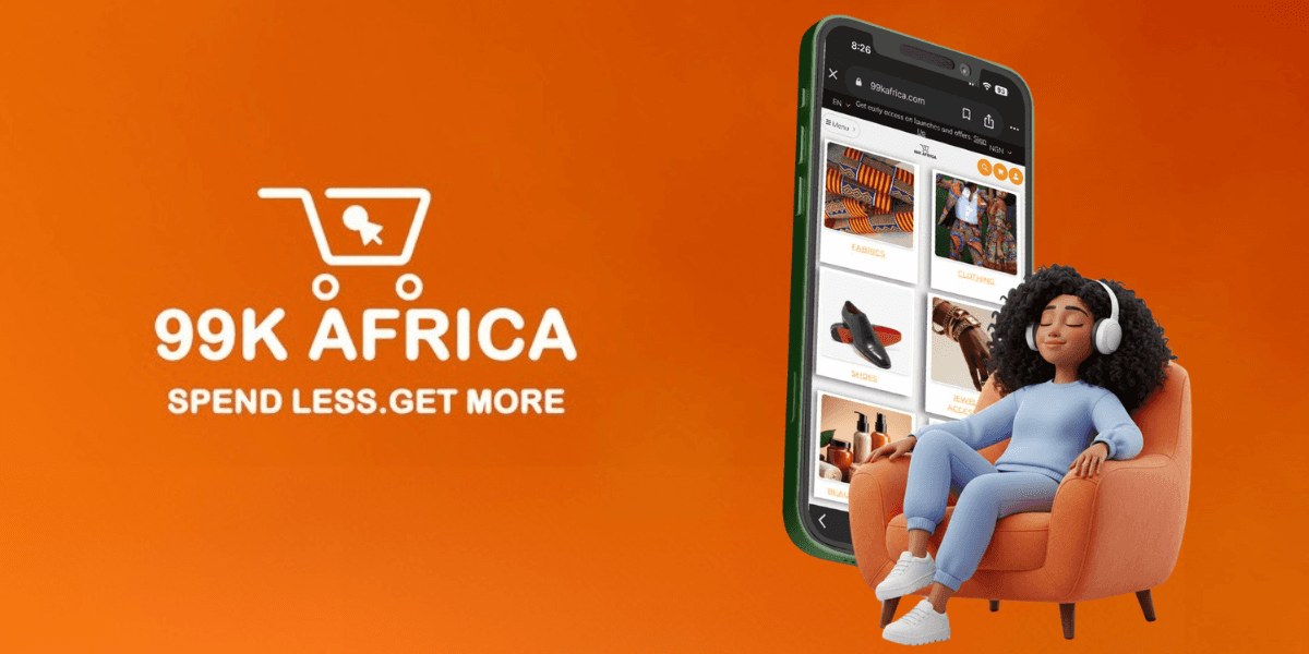 99K Africa logo with a phone displaying fashion and accessories, showcasing affordable African products and empowering local entrepreneurs.