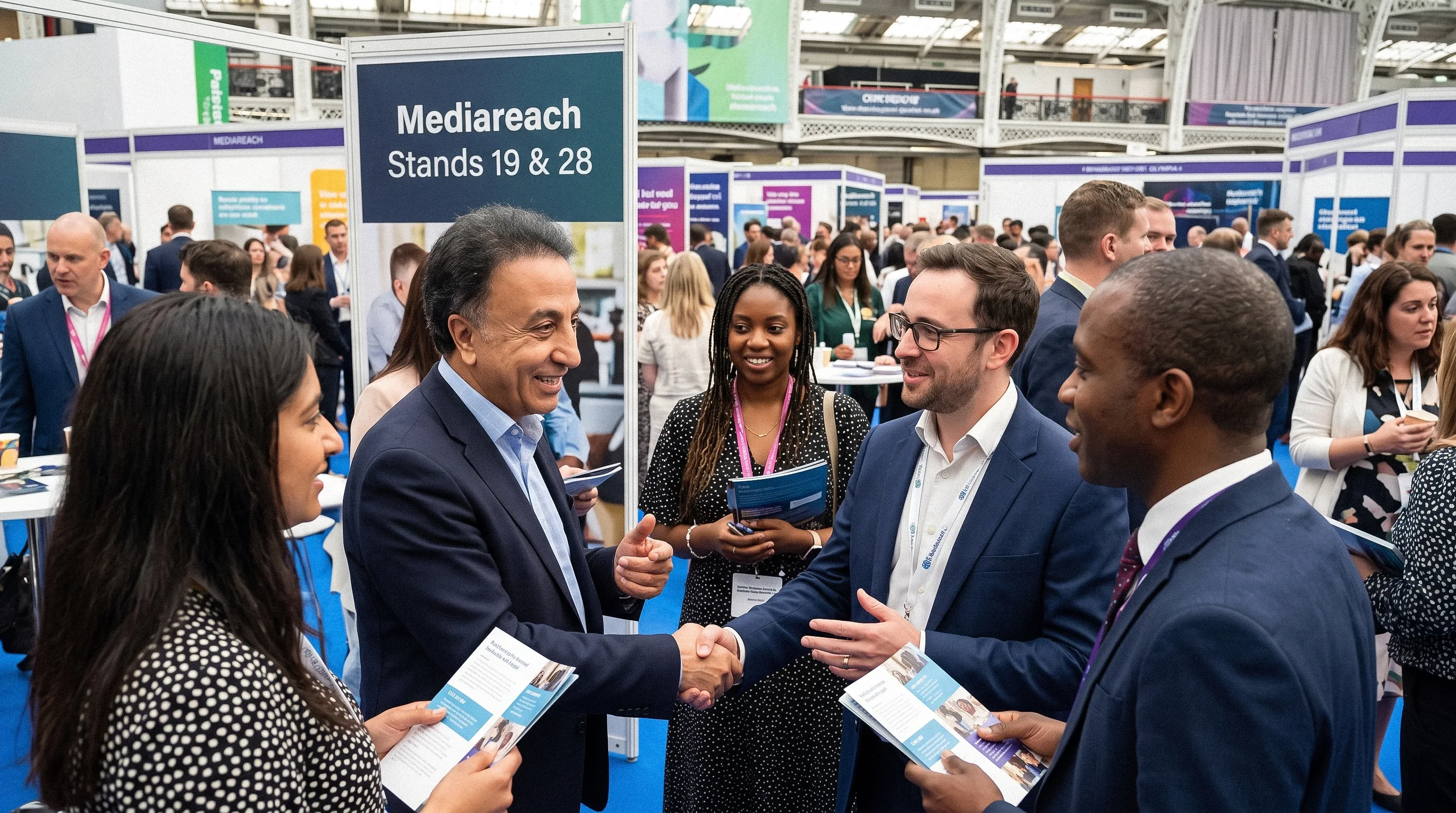 Businessman shaking hands at Mediareach stands 19 and 28 exhibition with diverse civil servants networking at conference
