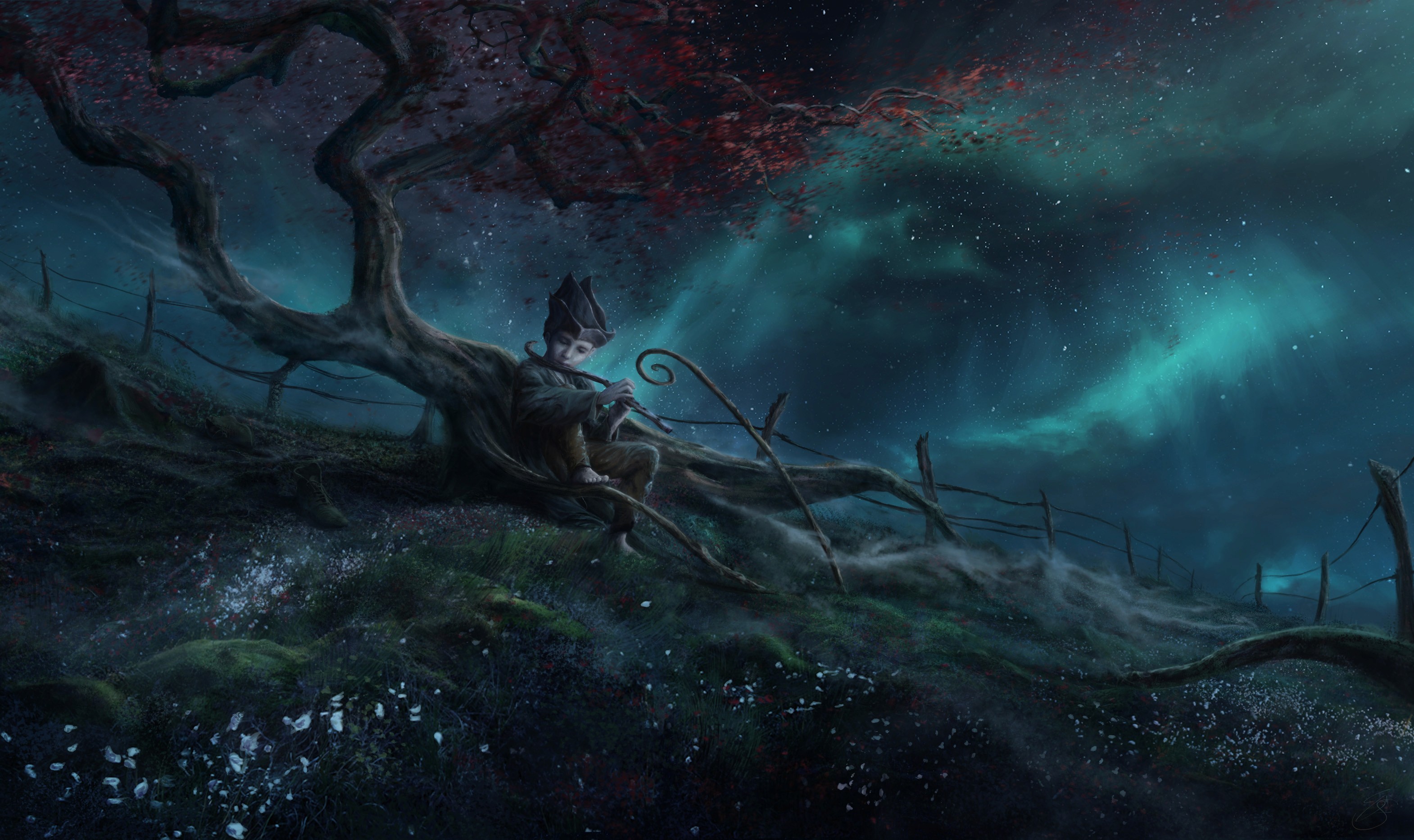 Illustration of a young shepherd playing his flute sitting by a tree with the aurora borealis in the background, by Simone De Salvatore