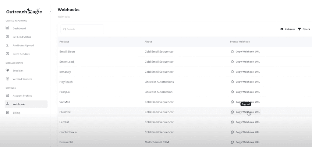 Screenshot of the Outreach Magic 'Webhooks' page, highlighting the list of integrated outreach tools like Instantly and Smartlead.ai and the 'Copy Webhook URL' button.