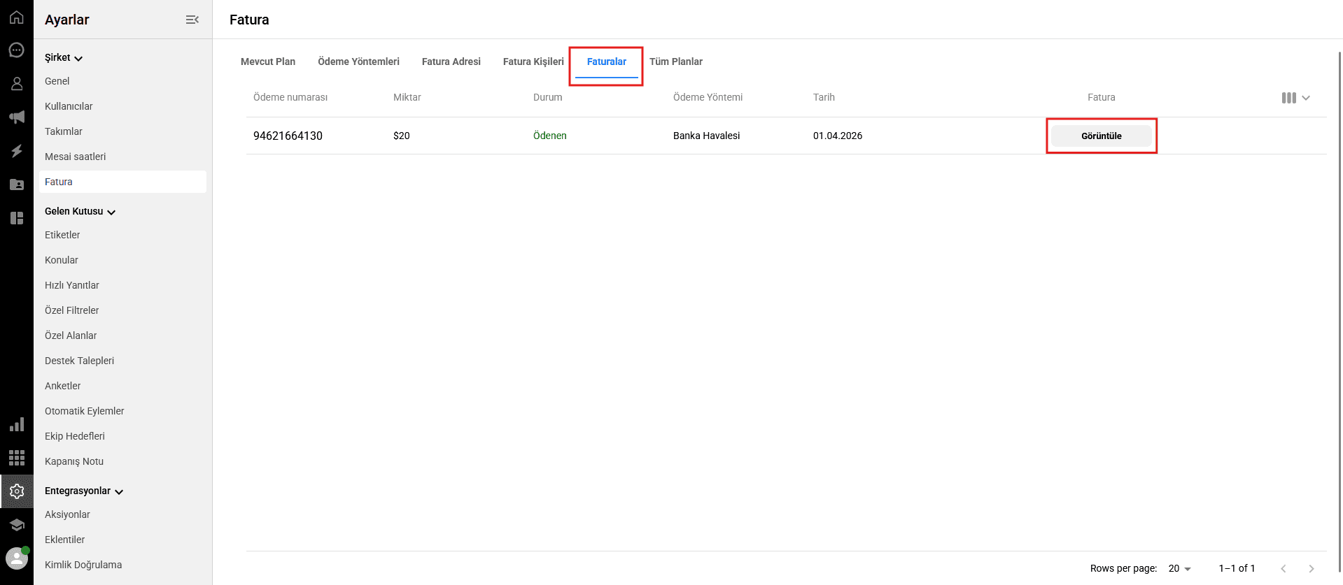A screenshot of the Invoices list in Qpien, showing a specific transaction row with the view option highlighted.