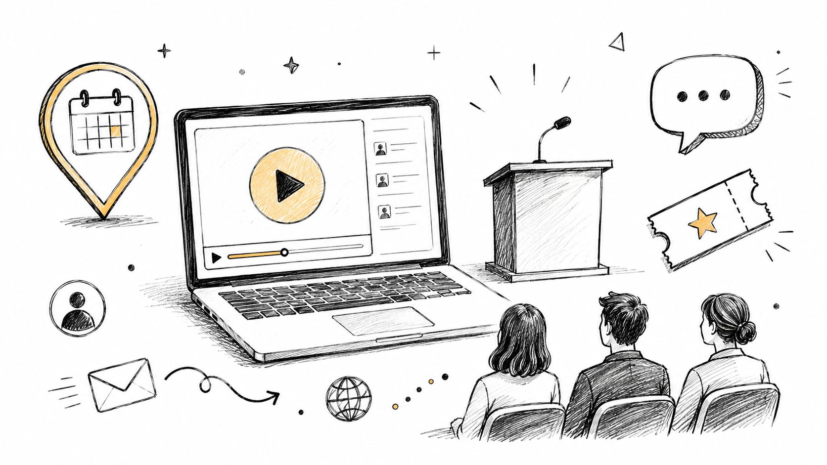 A hand-drawn illustration depicting a virtual event, webinar, and online presentation with attendees and digital marketing icons.