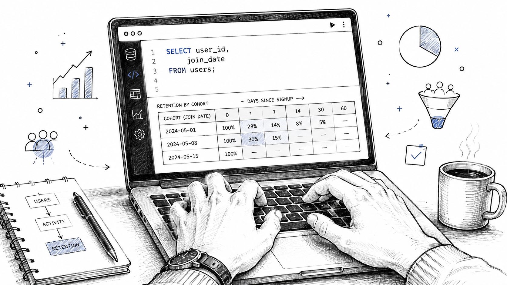 A person typing on a laptop displaying a cohort retention analysis table with data visualization icons.