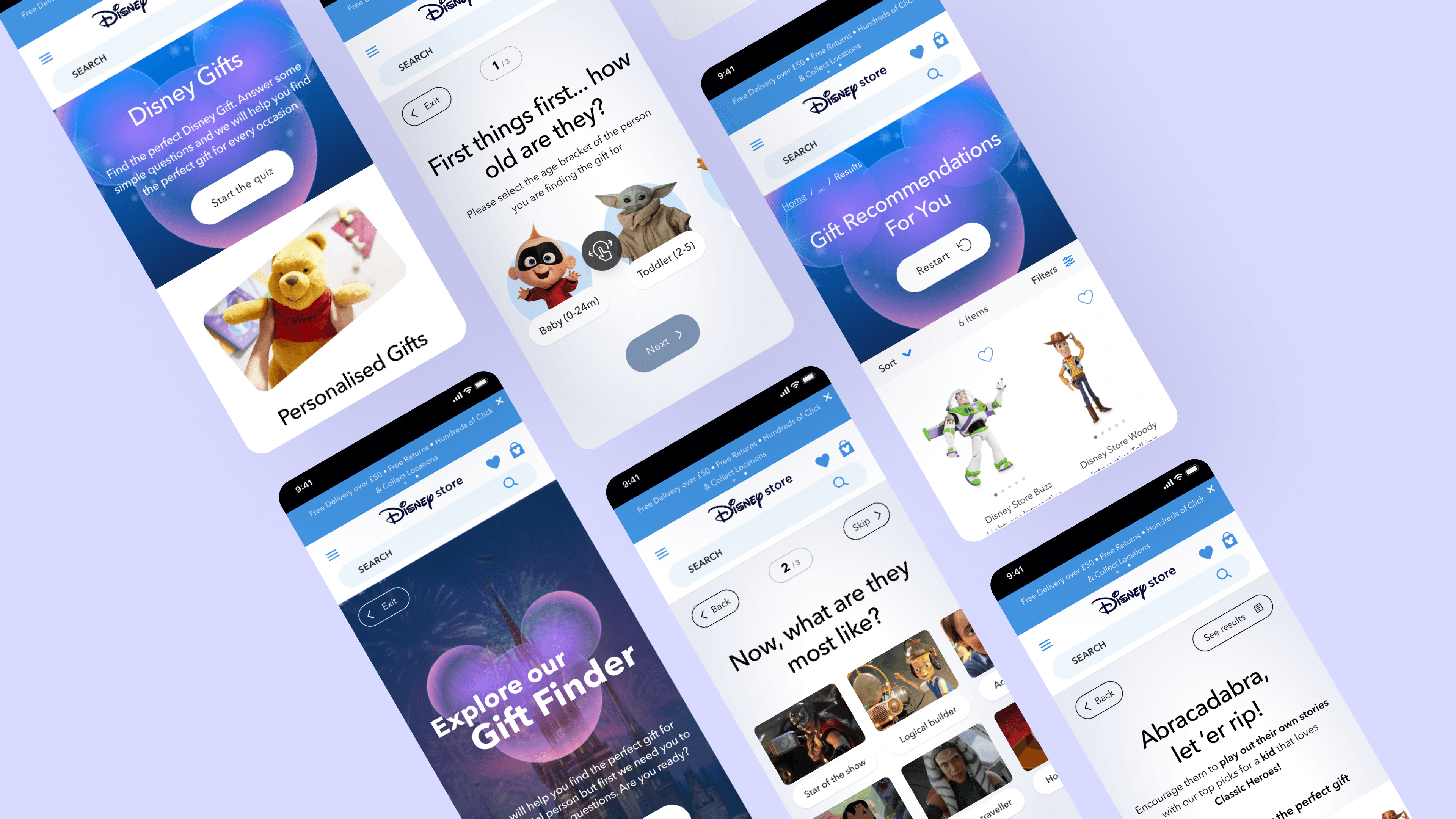 Static UI design of the Disney Gift Finder app, featuring a visually scannable layout with gift categories. 