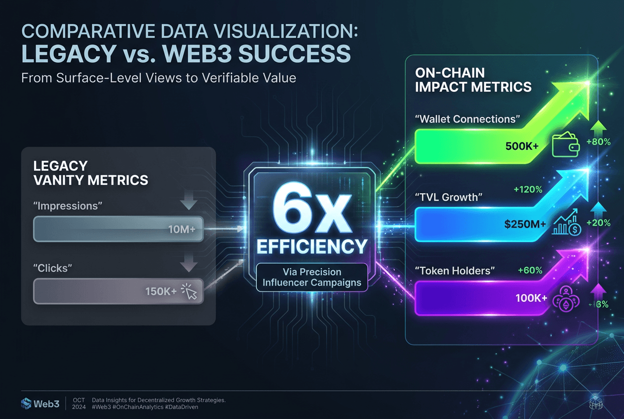 Comparison chart showing the shift from legacy vanity metrics like clicks to Web3 impact metrics like wallet connections and total value locked (TVL).