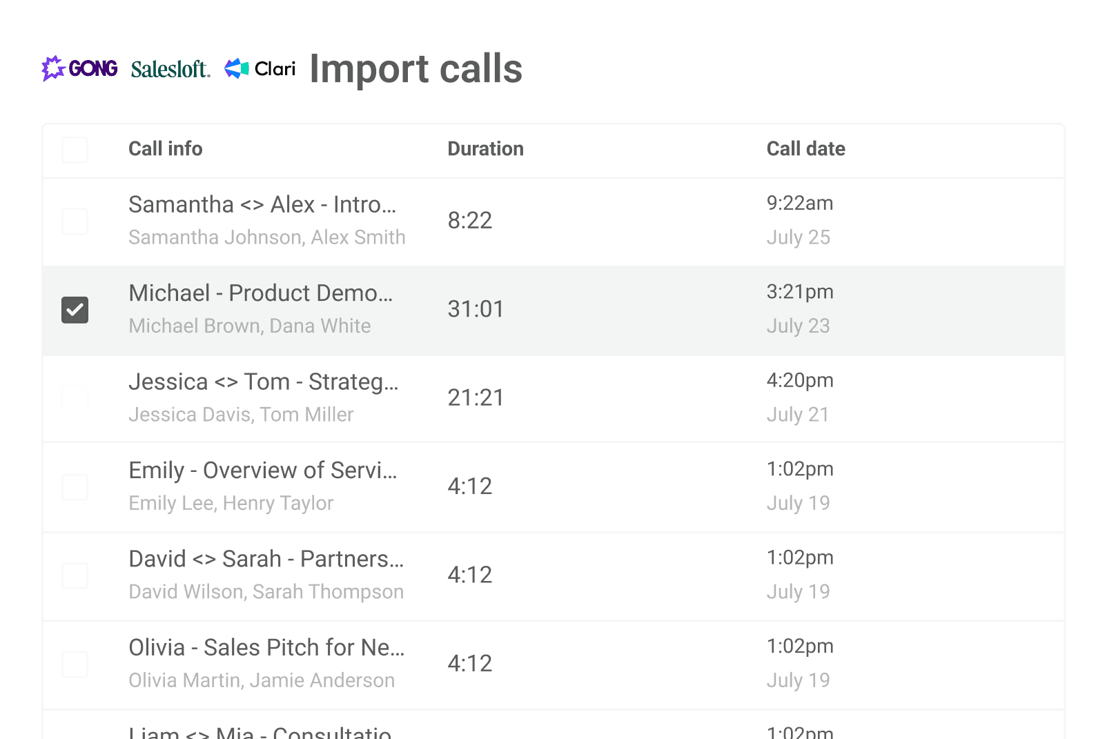 Integration screen for importing real sales calls from Gong, Salesloft, and Clari for AI-driven training.