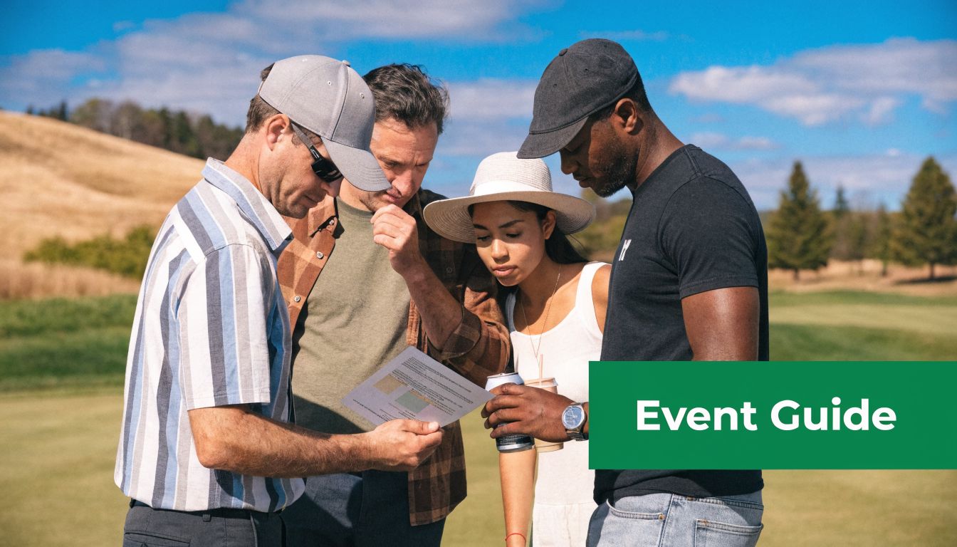 A diverse group of four people examining an event guide while standing on a golf course.