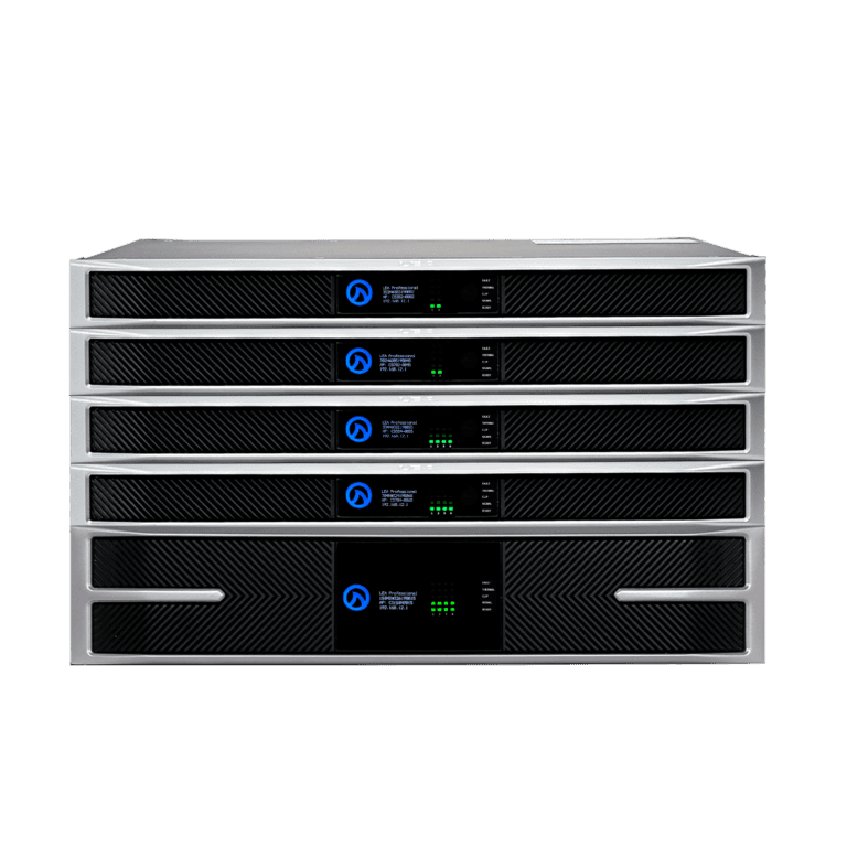 Four connected rack-mount audio amplifiers.