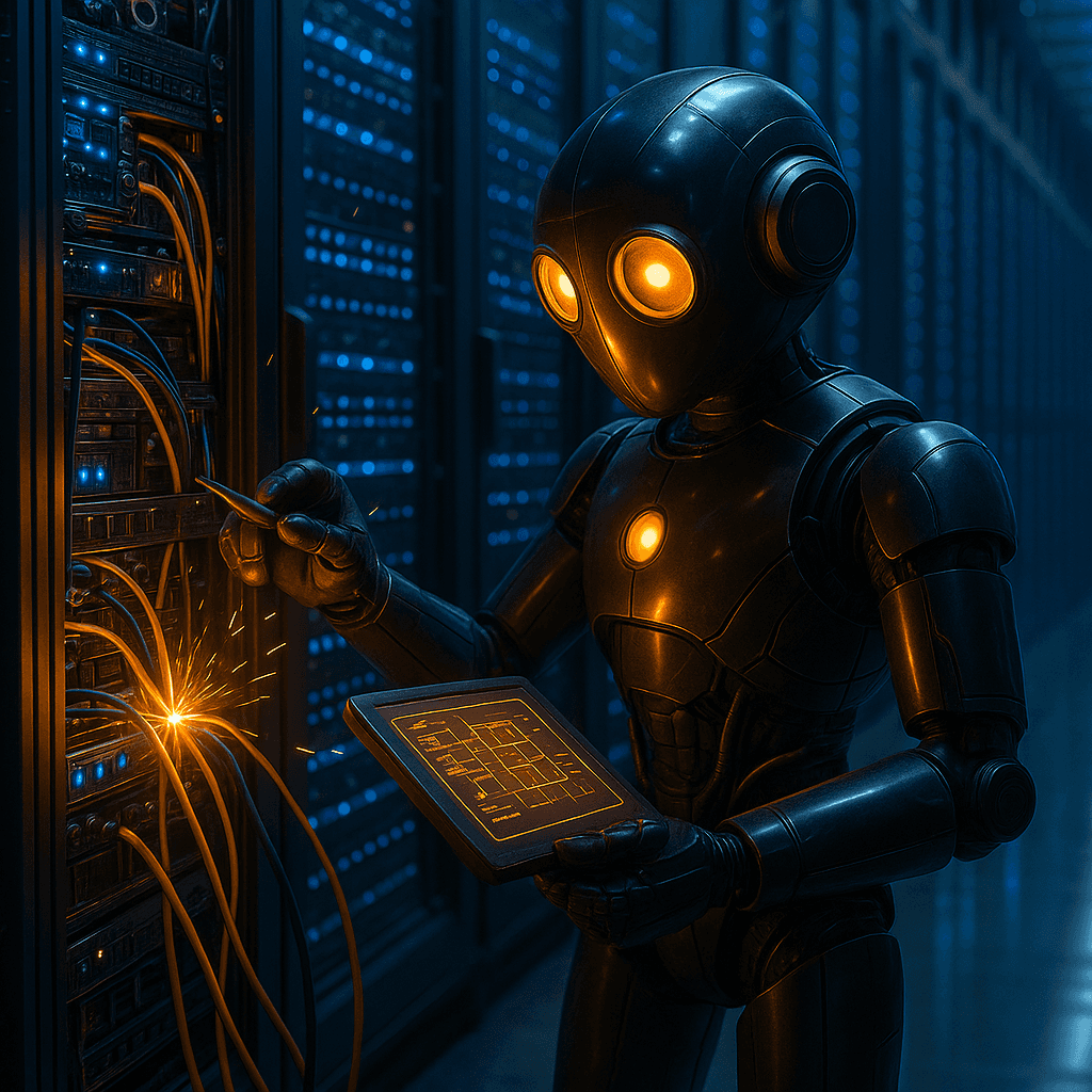 The robot repairs a rack of servers, holding a tablet that displays a circuit diagram in one hand and tightening glowing, sparking cables with a screwdriver in the other, surrounded by blue lights and wiring.