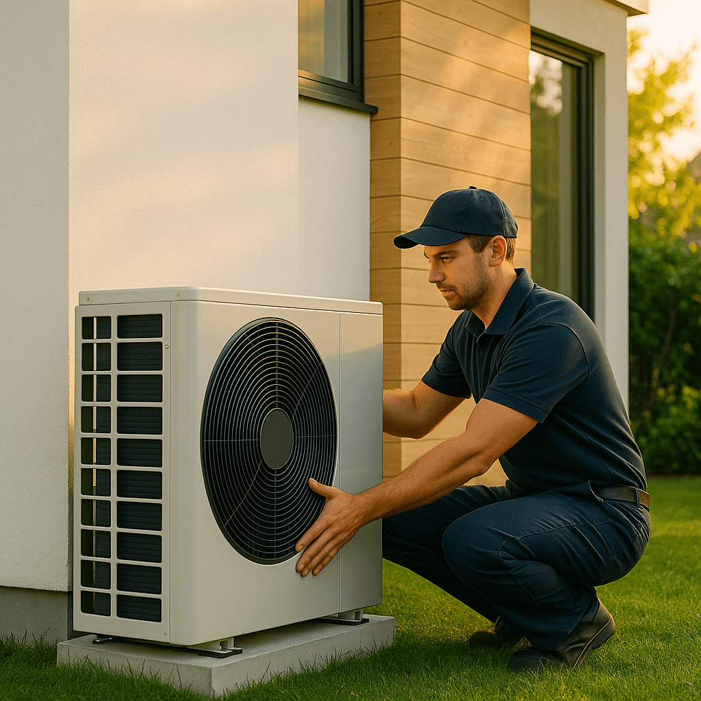 HVAC technician installing an energy-efficient outdoor heat pump unit for residential heating and cooling.