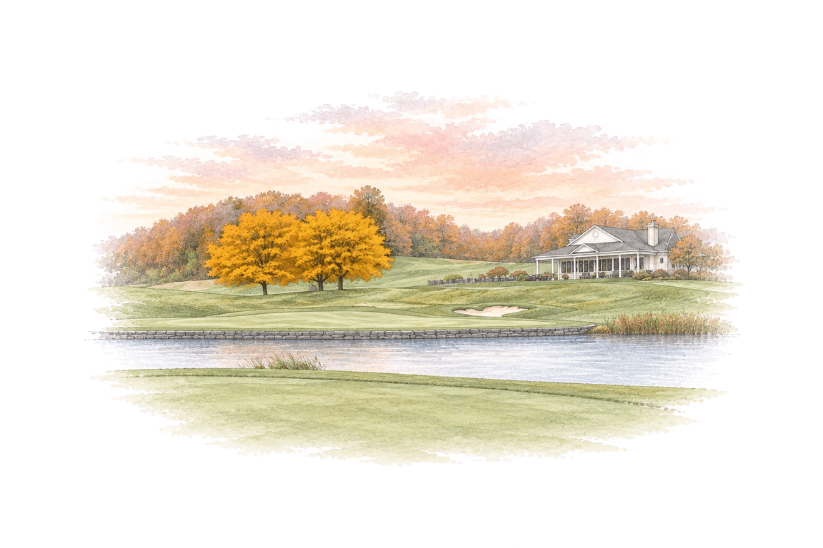 A delicate watercolor golf course, with a white veranda clubhouse, two golden autumn trees, and a green across a pond beneath a pastel sky.