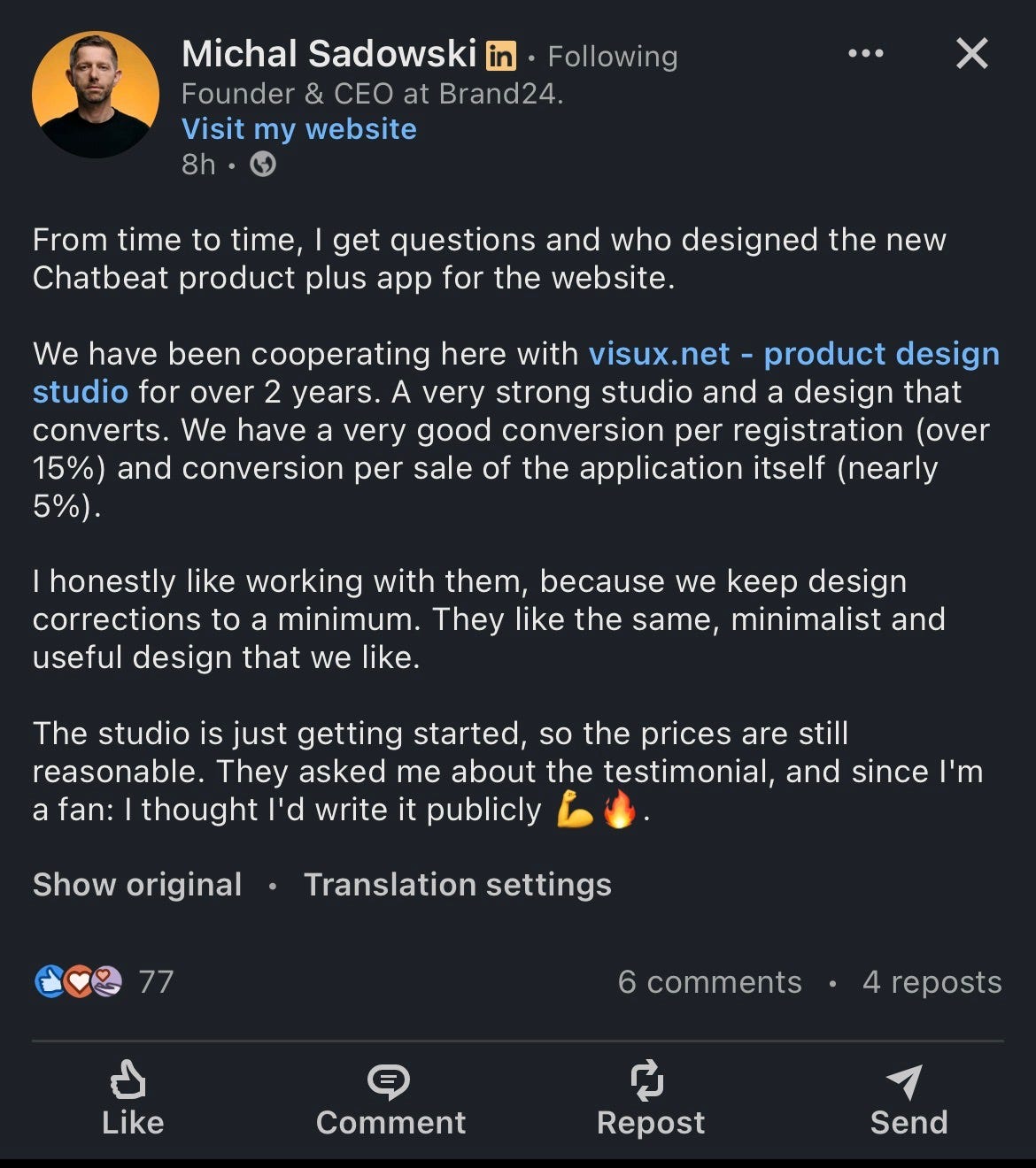 Screenshot o fthe LinkedIn post by Michal Sadowski, CEO and Founder of Brand24 talking about design company they collaboarte with