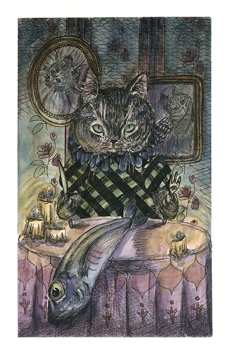 Cat in a dress ready to eat a fish