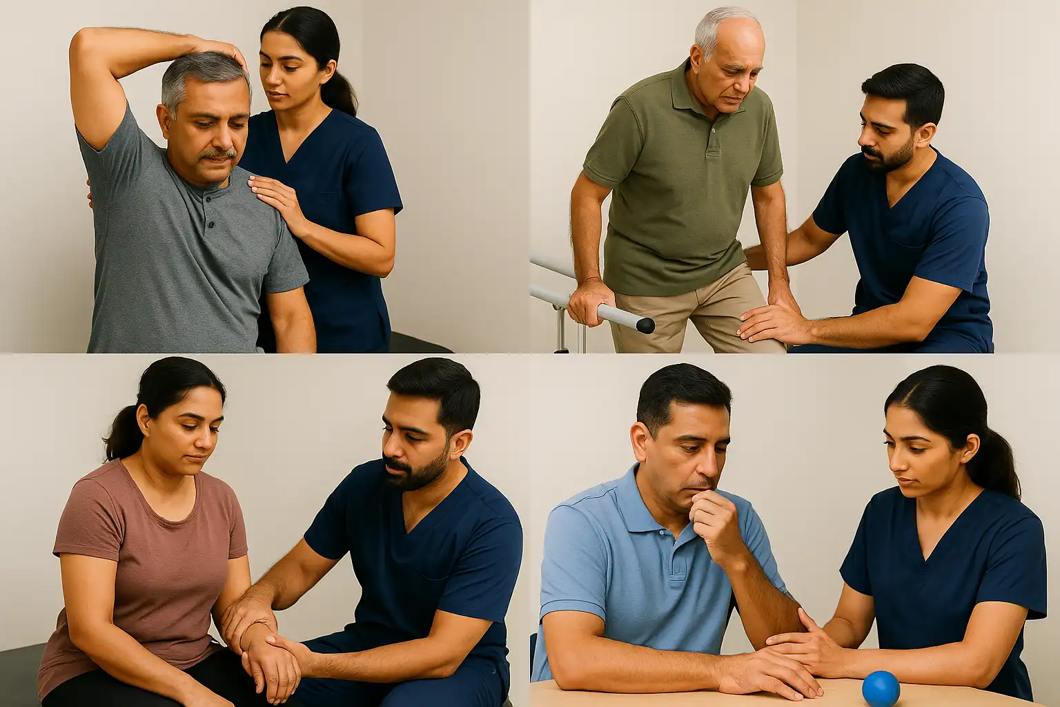 A collage of stroke rehabilitation sessions showing a physiotherapist assisting a patient with arm mobility, balance training, walking support, and functional recovery exercises.