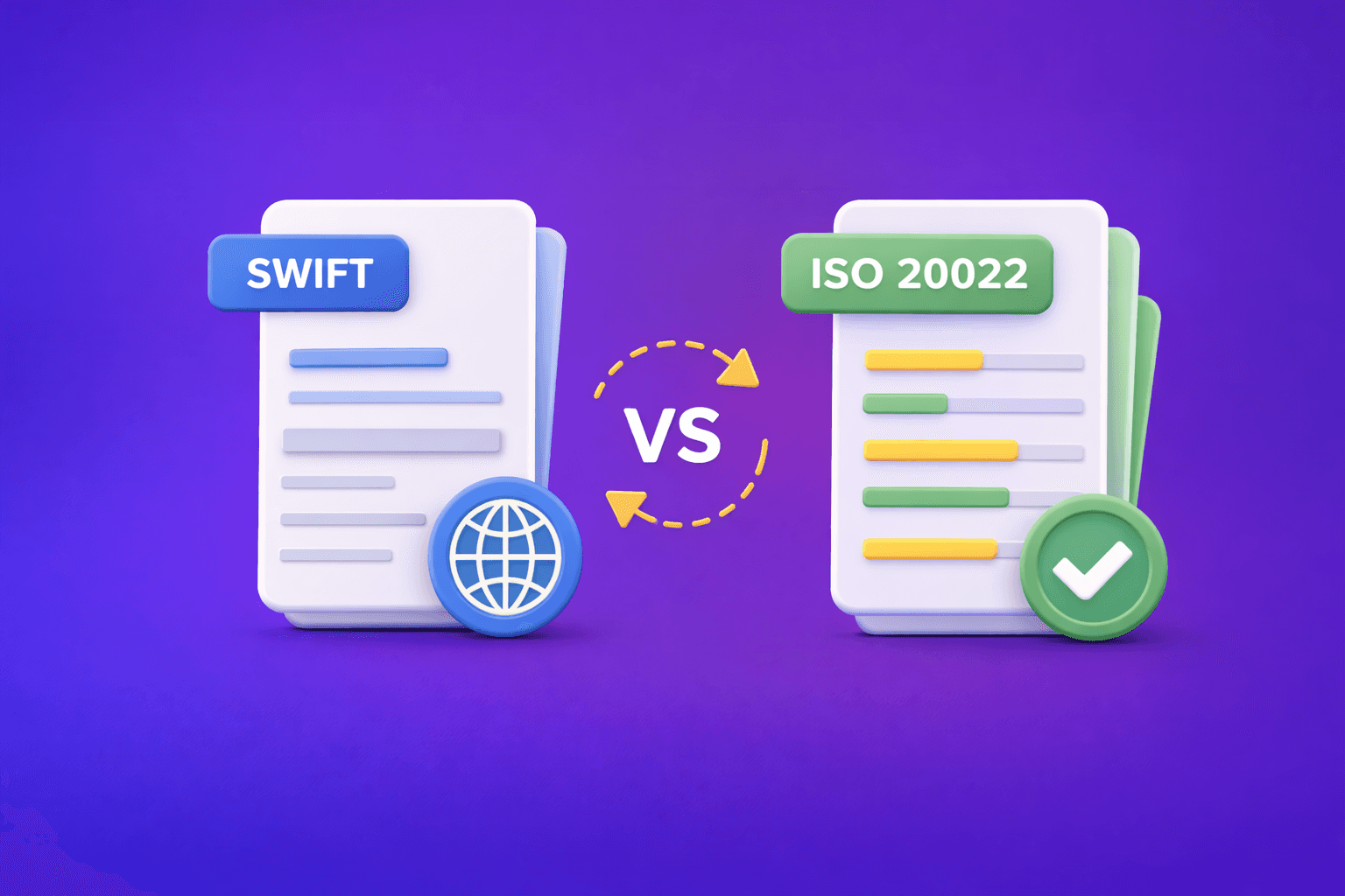 Customer screening fintech illustration with magnifying glass icon on blue to purple gradient background, representing AML compliance, real-time risk assessment, and identity verification for financial institutions.