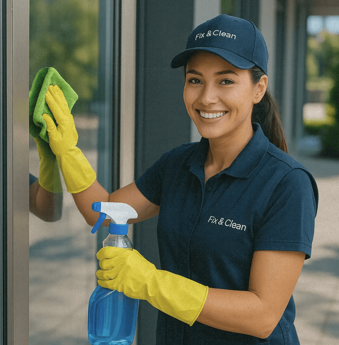 Mitarbeiterin von Fix & Clean reinigt Glasfassade mit Spray und Tuch – freundlich und professionell