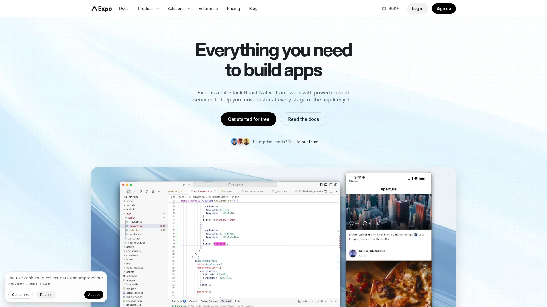 The Expo developer platform homepage showing tools for building React Native apps.