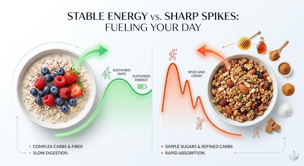 A side-by-side nutrition infographic comparing the energy effects of two breakfasts. On the left, a bowl of overnight oats with berries shows complex carbs, slow digestion, and connects to a smooth green 'SUSTAINED ENERGY' curve with a full battery icon. On the right, a bowl of granola with various sugars shows simple sugars, rapid absorption, and connects to a sharp red 'SPIKE AND CRASH' energy curve with tired user icons.