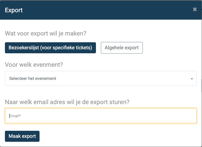 Scherm voor het kiezen van een bezoekerslijst of algehele export