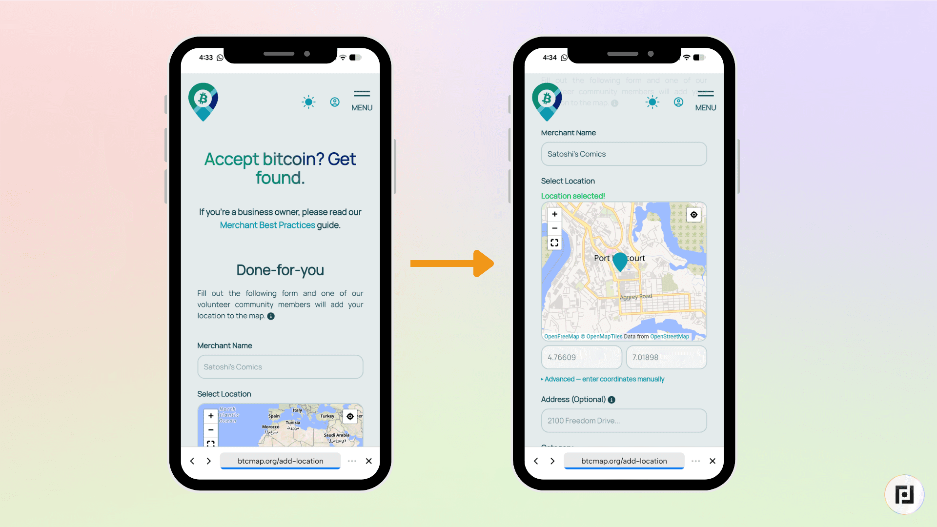 BTC Map merchant submission form showing fields for business category, accepted Bitcoin payment methods (on-chain, Lightning), website, phone, and opening hours