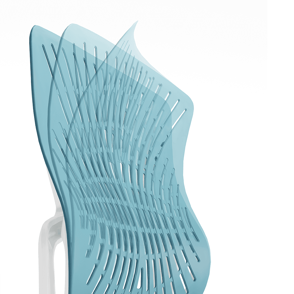Close-up of the TCHOD 872A chair's soft elastic TPE backrest, showing a transparent overlay to demonstrate the material's high flexibility and ergonomic rebound.