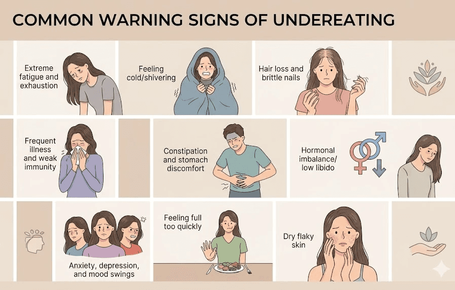 A clean, multi-panel wellness infographic with soft beige and muted pastel tones, detailing common warning signs of undereating in a 5x4 grid. It includes illustrations for symptoms like extreme fatigue, feeling cold, hair loss, brittle nails, weak immunity, stomach discomfort, hormonal imbalance, anxiety, depression, mood swings, feeling full too quickly, and dry, flaky skin, complete with clean typography labels.
