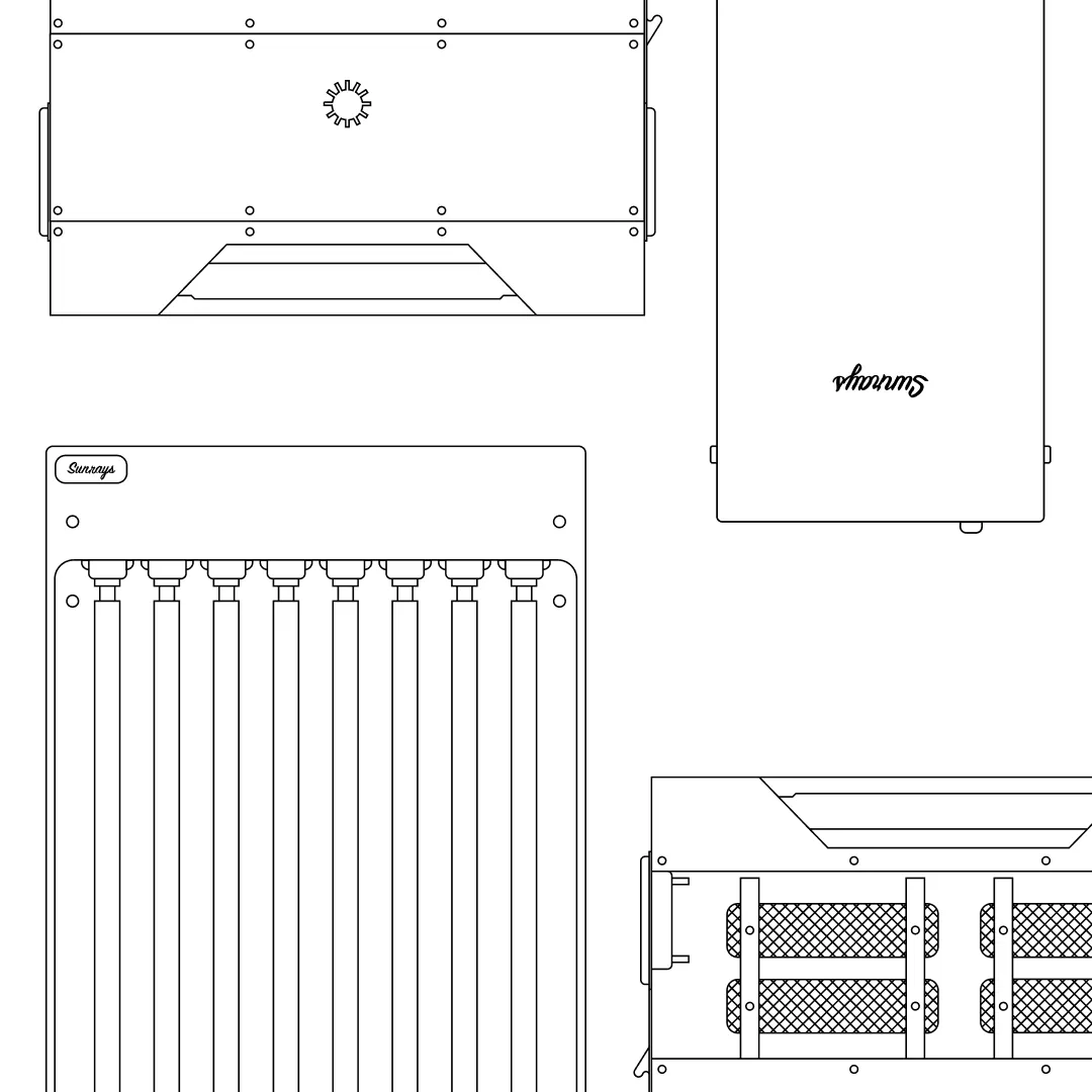 Technical line drawings of Sunrays air purification equipment components