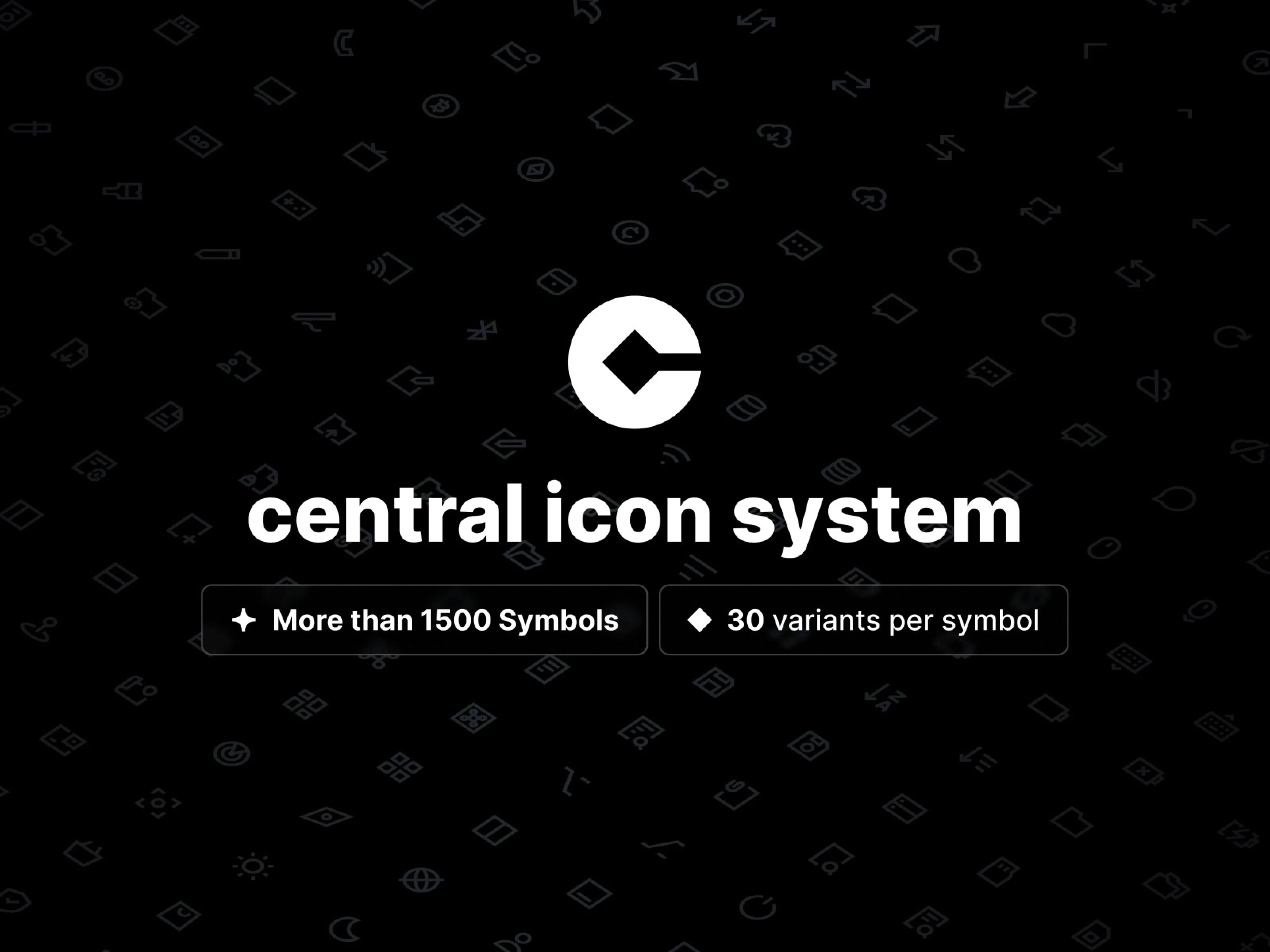 Central icon system text with guidance for 1,500 symbols is displayed on a black background.