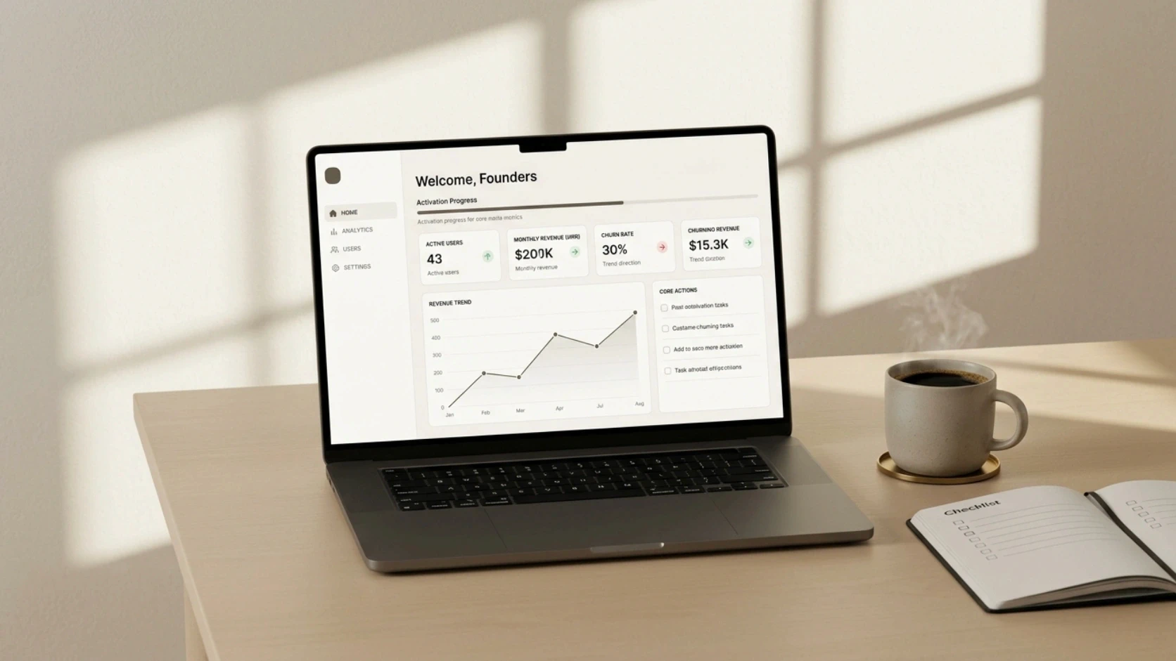 A modern laptop on a minimalist beige desk displaying a clean SaaS MVP dashboard, representing a successful software product launch for a startup.
