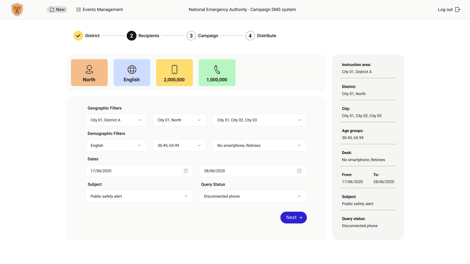 Interface for refining alert recipients using geographic and demographic filters before sending the campaign.