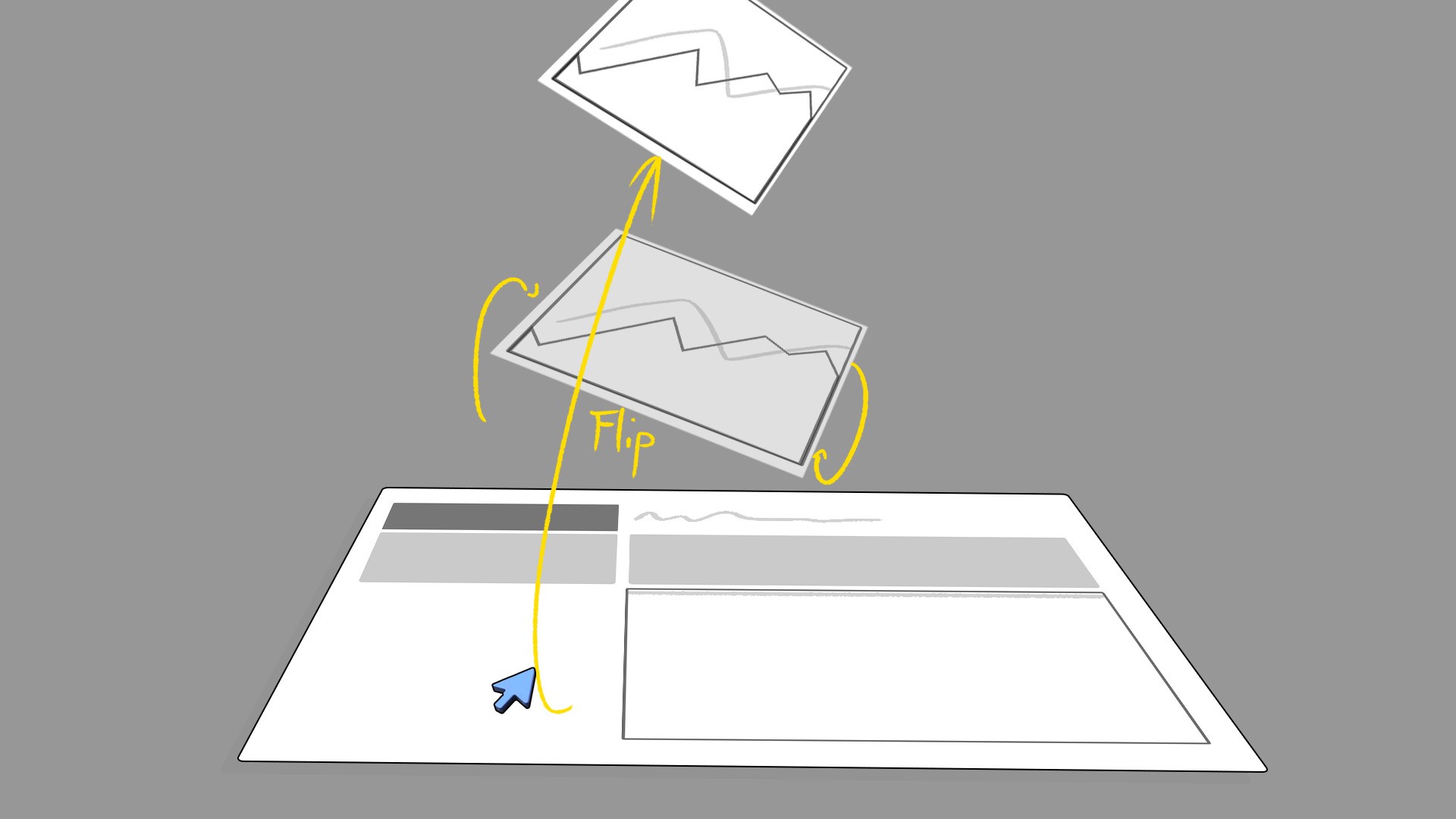 A sketch of charts flipping out of an interface screen with yellow arrows indicating motion
