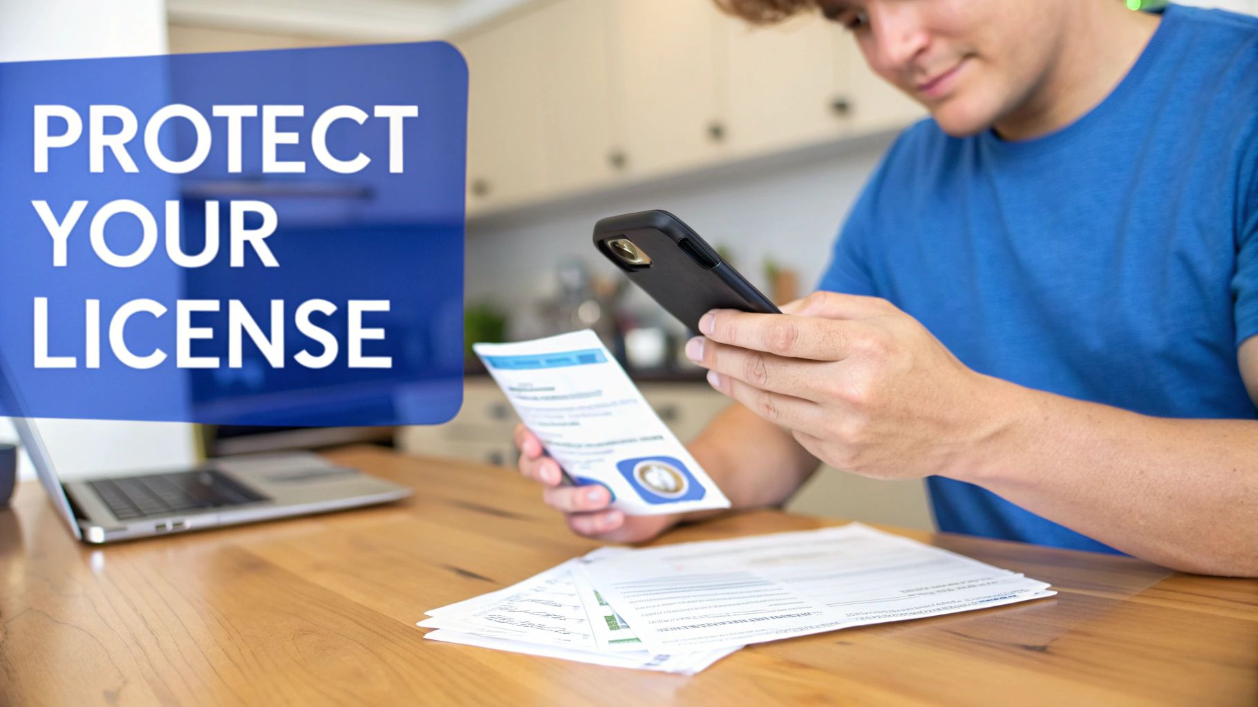 A young man scans a document with his phone, next to a laptop and papers, with text