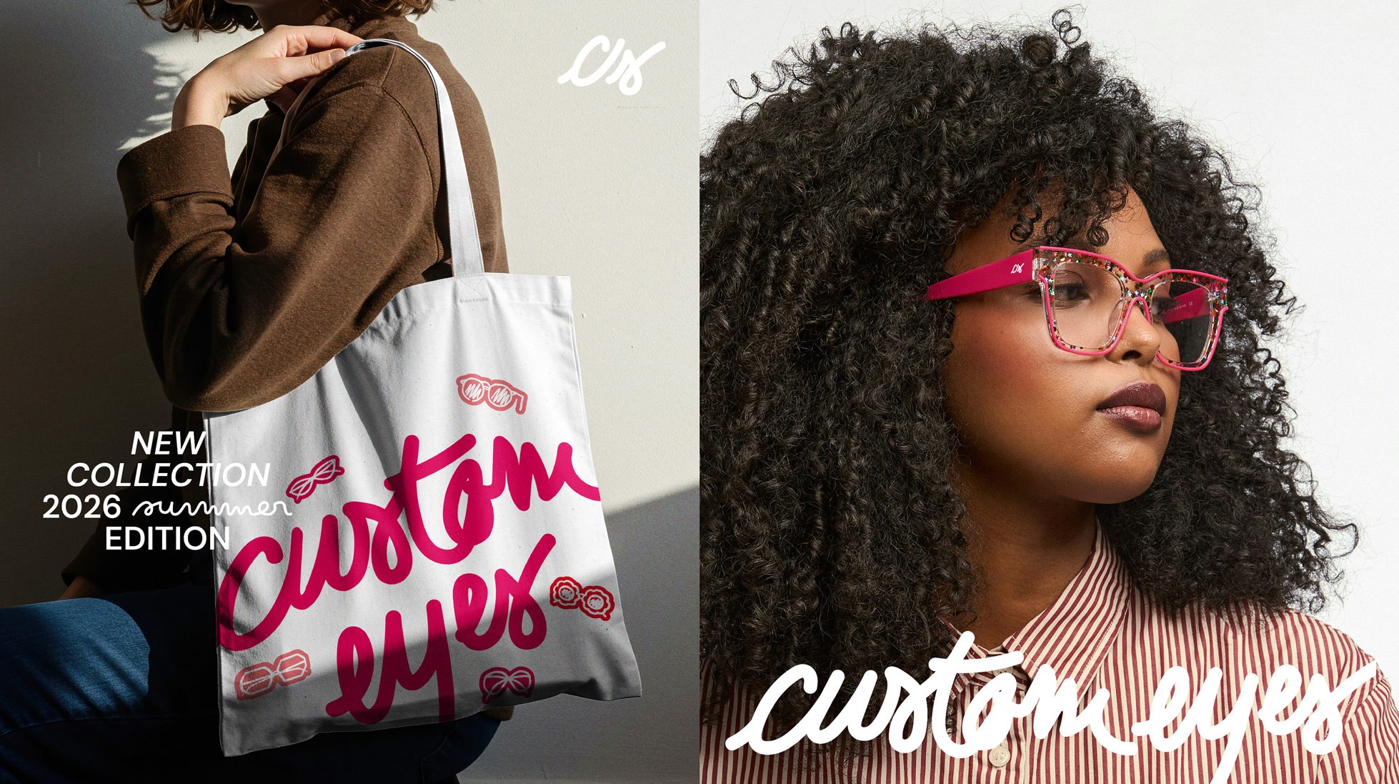 Tote bag Custom Eyes + photo d'une paire de lunettes roses sur une femme.