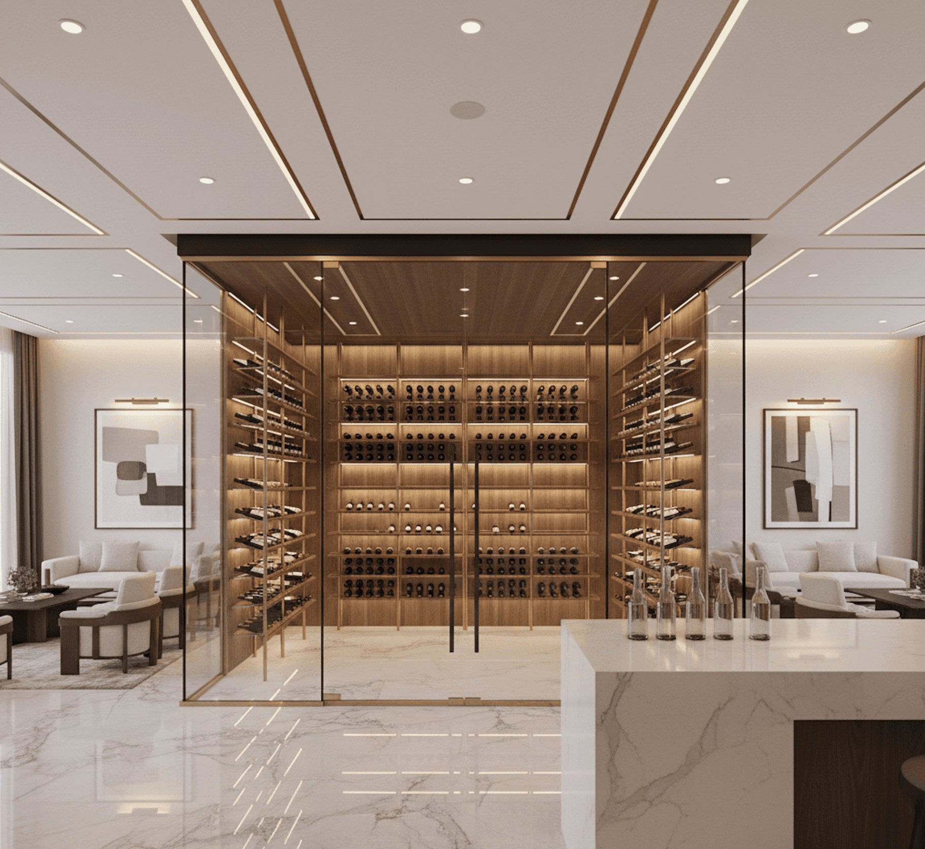 modern mansion interior with large glass wine cellar featuring walnut wood paneling and metal floor to ceiling wine racks