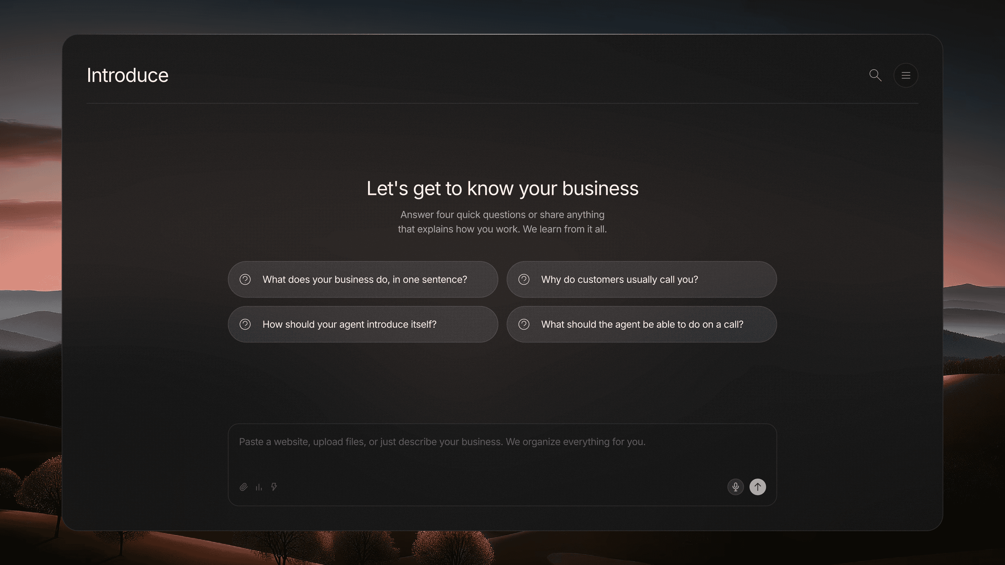 Ask: Empty state dashboard with quick-action prompts like "Answer a question" and "Write a draft email," conversation sidebar, dark theme with sunset background.