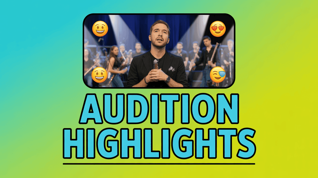 Band Audition Highlights Thumbnail, featuring a band coach evaluating performers on stage with spotlight circles and reaction emojis