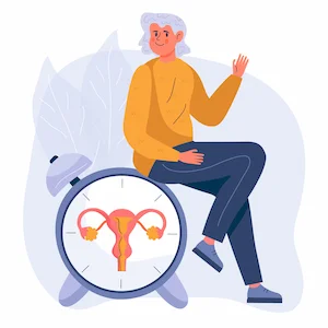 a grey haired lady sitting on a clock depicting the ovaries and uterus suggesting ageing and menopause.
