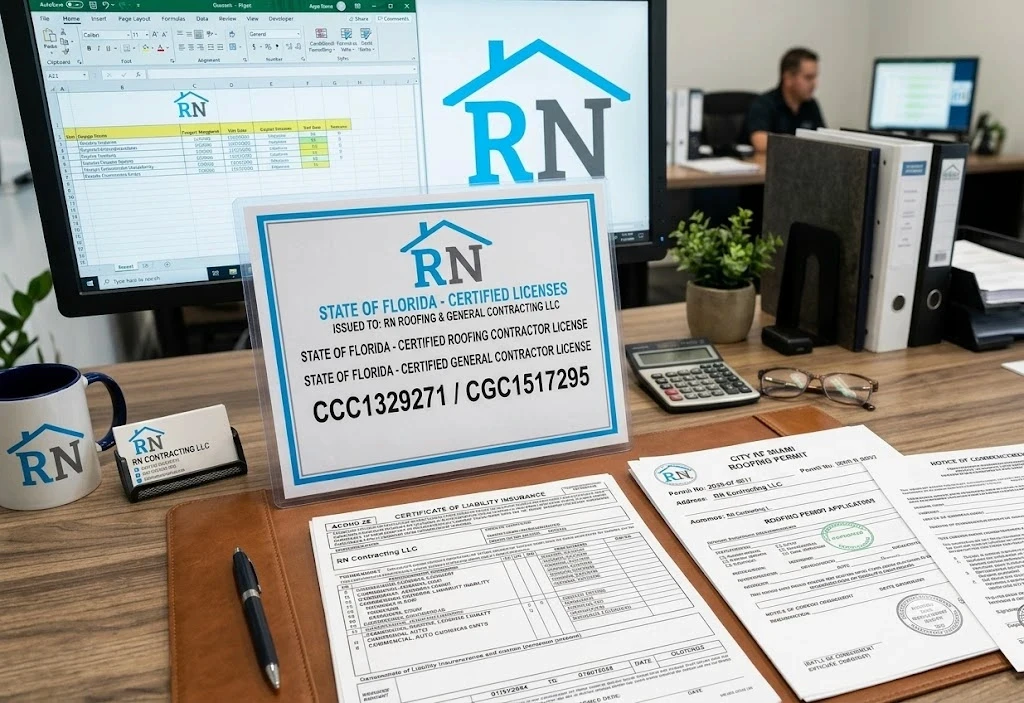 Roofing Network license, insurance certificate and permit documentation laid out on a desk