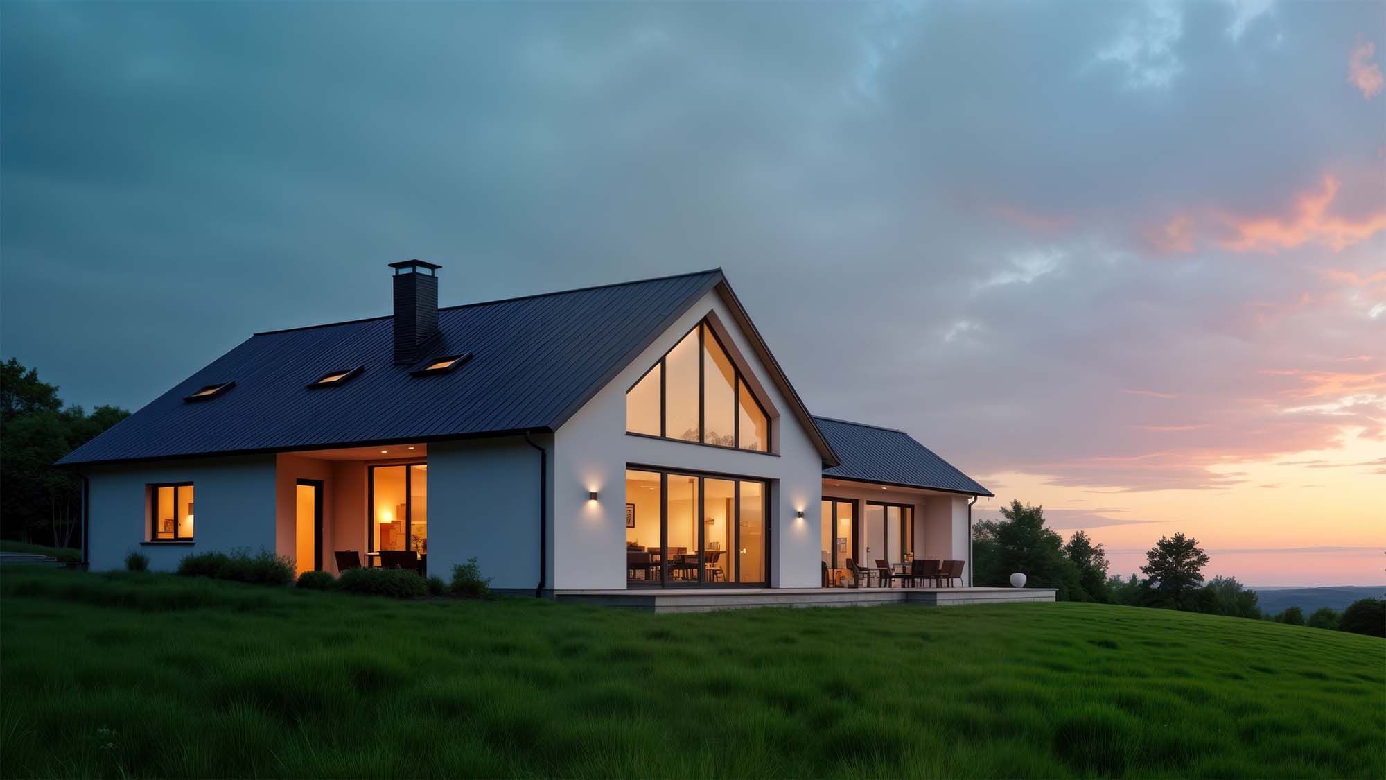 Modern building with blue and white stripes.