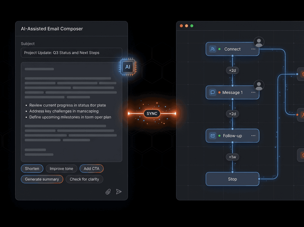 AI email composer interface showing subject, project update, and workflow diagram for communication.