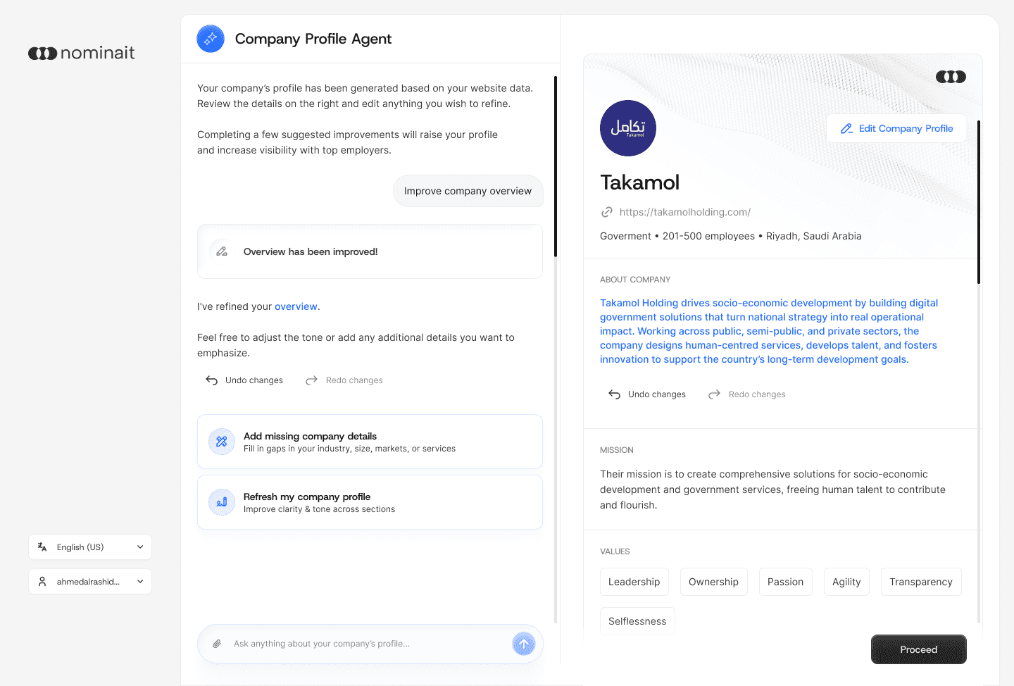Company Profile Agent panel beside a live preview