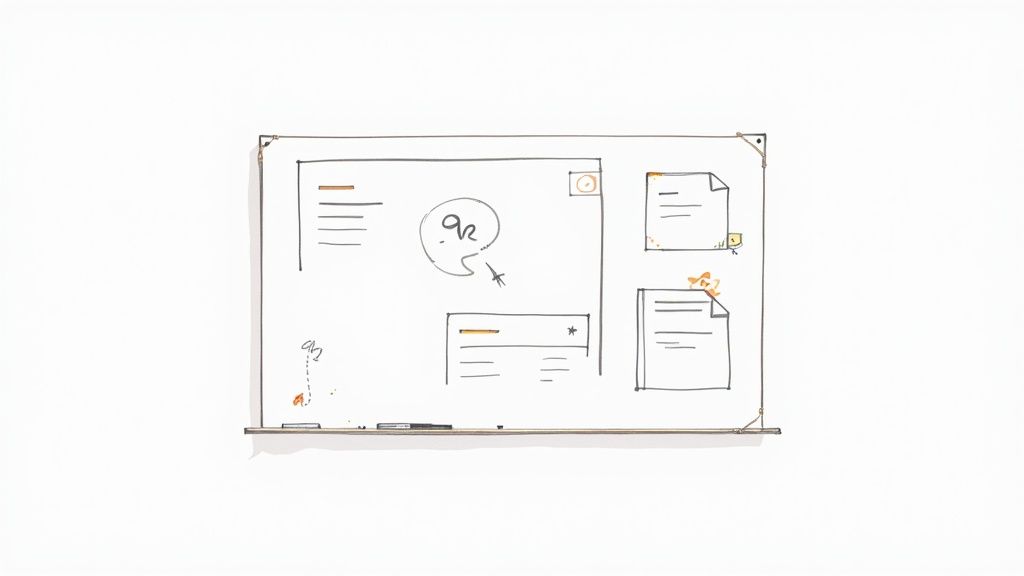 A group of diverse professionals brainstorming around a digital whiteboard during a video call, showcasing a core feature of a video collaboration platform.