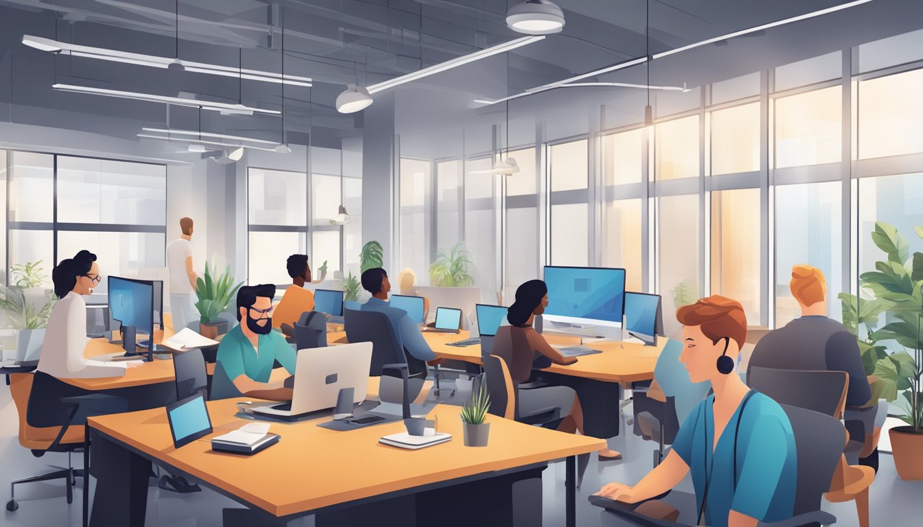 Ein lebhaftes Büro mit Mitarbeitern, die an einem gemeinsamen Projekt arbeiten, verkörpert eine positive Unternehmenskultur.