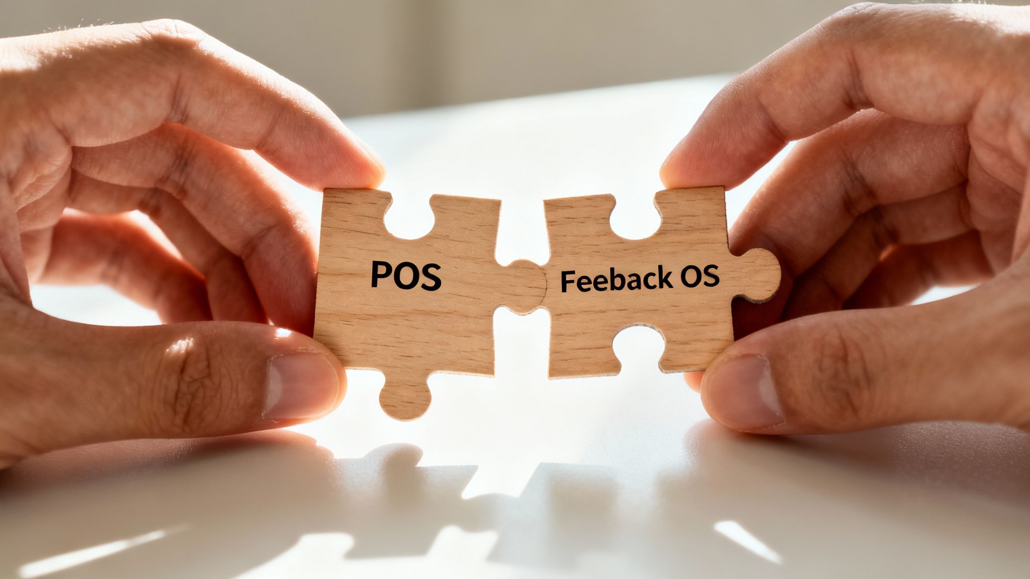 Hands connecting two wooden puzzle pieces, one labeled 'POS' and the other 'Feeback OS', symbolizing integration.