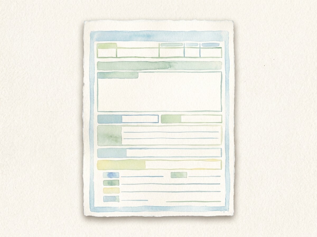 Watercolour of a blank public-notice form with ruled fields and highlighted boxes waiting to be completed.