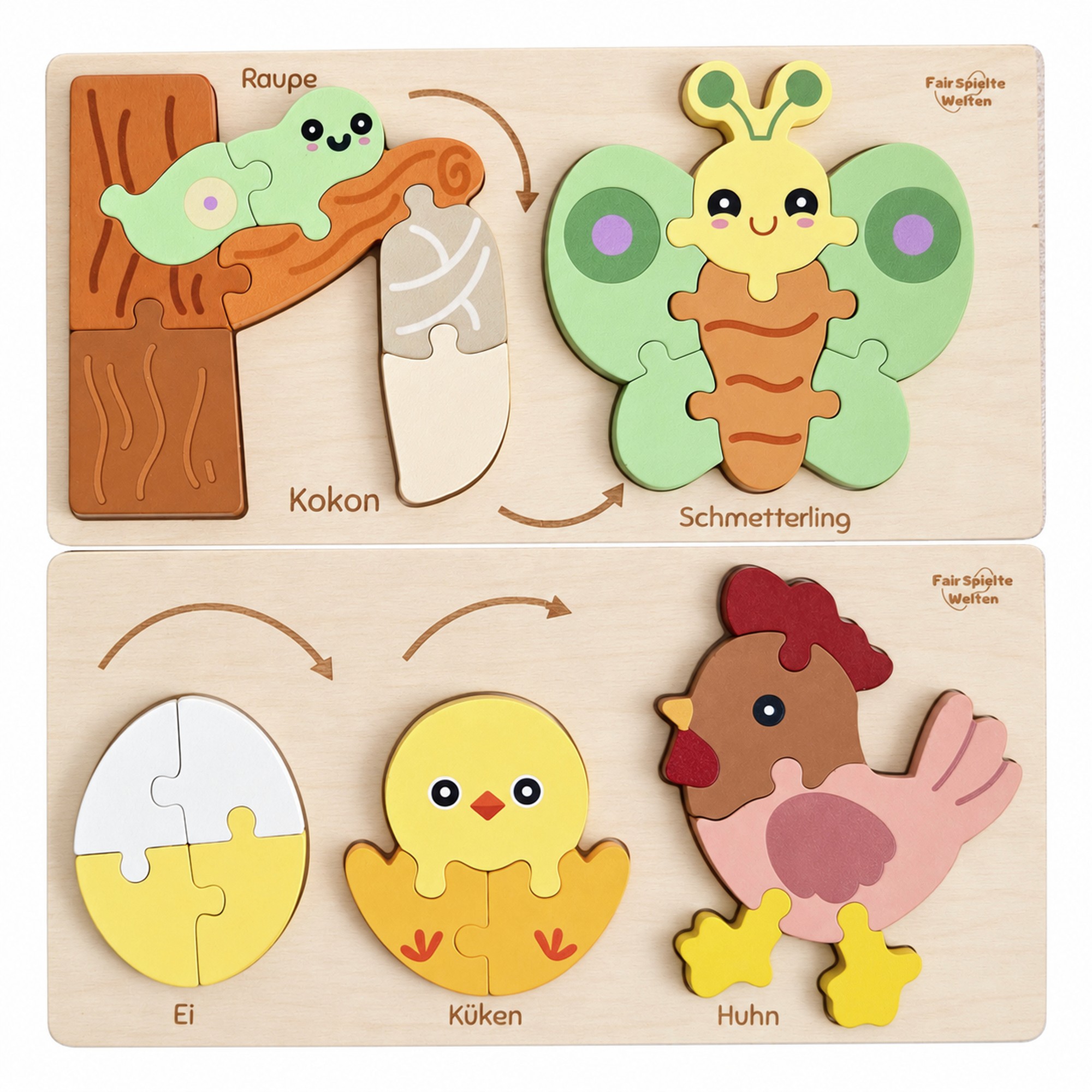 Originalfoto der Holzpuzzles mit Raupe, Kokon und Schmetterling sowie Ei, Küken und Huhn