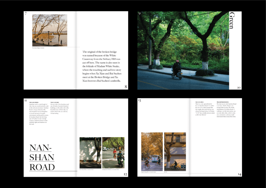four spreads of zine about HangZhou with photos of people riding mopeds around city