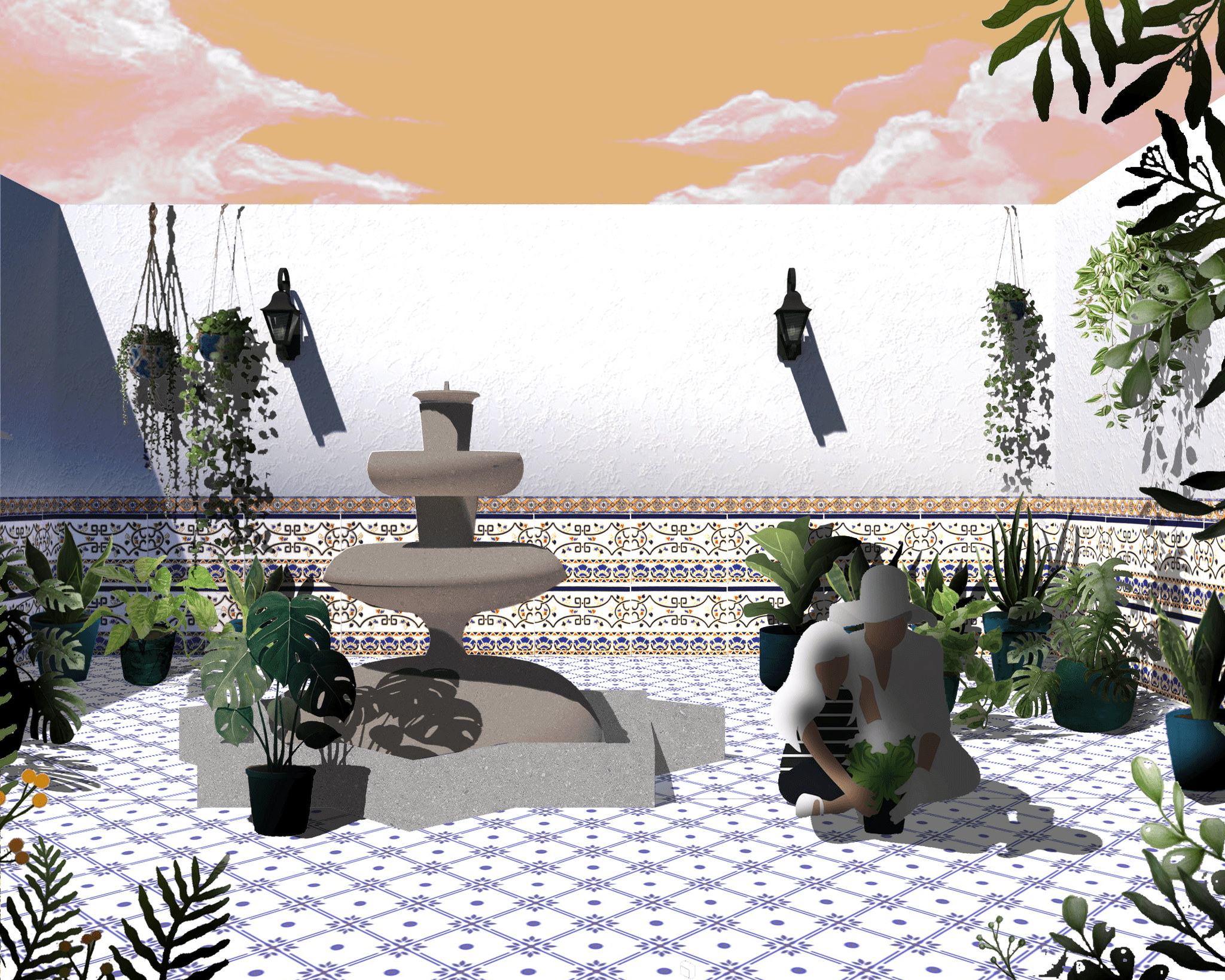 A man sitting on a bench in a courtyard surrounded by lush green plants in an Andalusian patio.